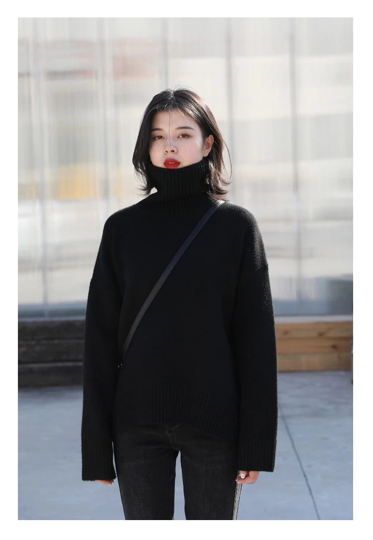 CHIC VEN Fashion Women's Loose Turtleneck Sweaters Warm Solid Pullover Knitwear Basic Female Jumpers Autumn Winter 2023