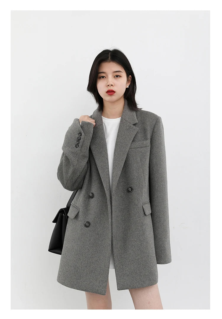 CHIC VEN Women Wool Blend Coat Solid Mid Long Woolen Blazer Thick Warm Blouse Women's Overcoat Office Lady Tops Autumn Winter