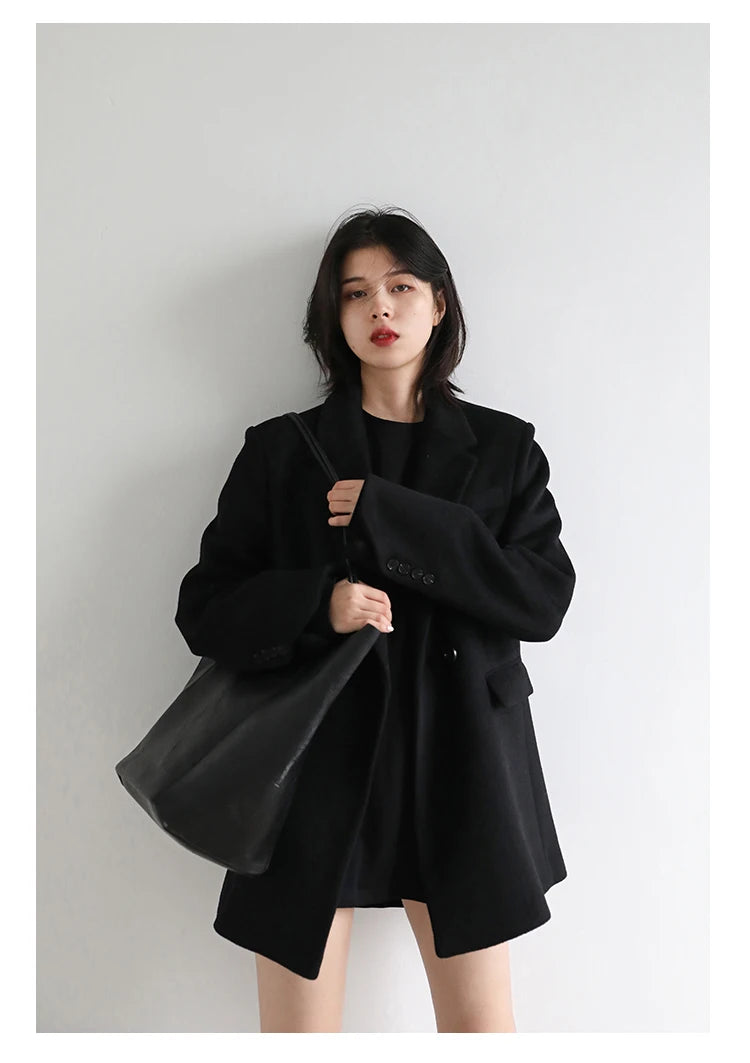 CHIC VEN Women Wool Blend Coat Solid Mid Long Woolen Blazer Thick Warm Blouse Women's Overcoat Office Lady Tops Autumn Winter