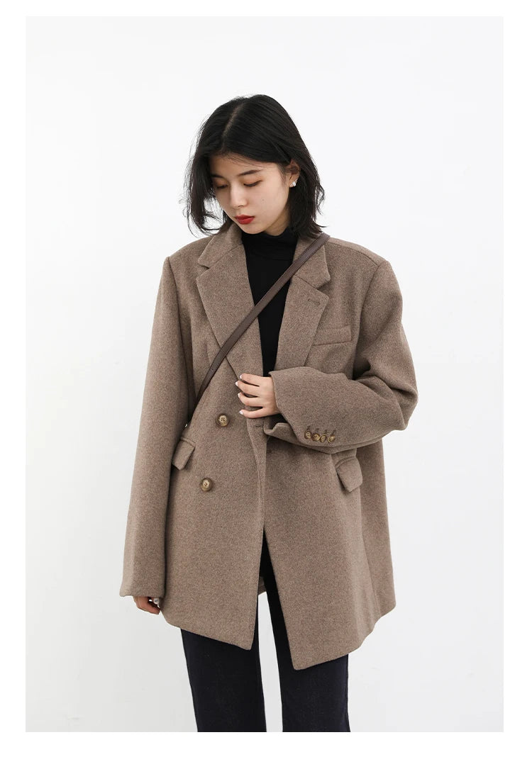 CHIC VEN Women Wool Blend Coat Solid Mid Long Woolen Blazer Thick Warm Blouse Women's Overcoat Office Lady Tops Autumn Winter