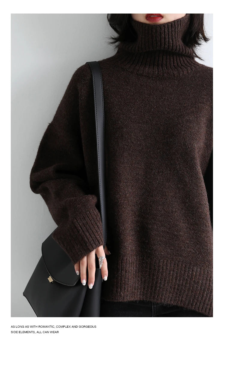 CHIC VEN Fashion Women's Loose Turtleneck Sweaters Warm Solid Pullover Knitwear Basic Female Jumpers Autumn Winter 2023