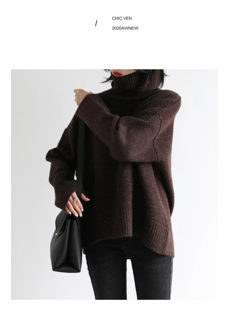 CHIC VEN Fashion Women's Loose Turtleneck Sweaters Warm Solid Pullover Knitwear Basic Female Jumpers Autumn Winter 2023