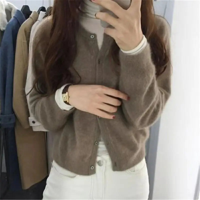 Cashmere Sweater Cardigan Women Single Breasted Long Sleeve Elegant Vintage Jumper Solid Wool Knitted Autumn Winter Outwear X452