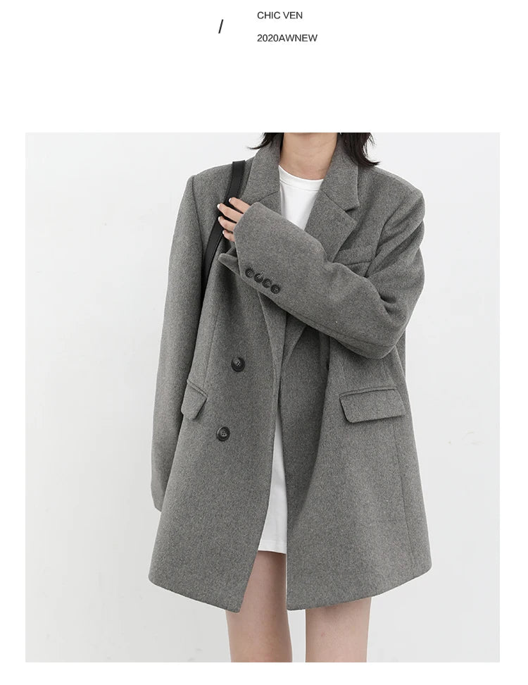 CHIC VEN Women Wool Blend Coat Solid Mid Long Woolen Blazer Thick Warm Blouse Women's Overcoat Office Lady Tops Autumn Winter