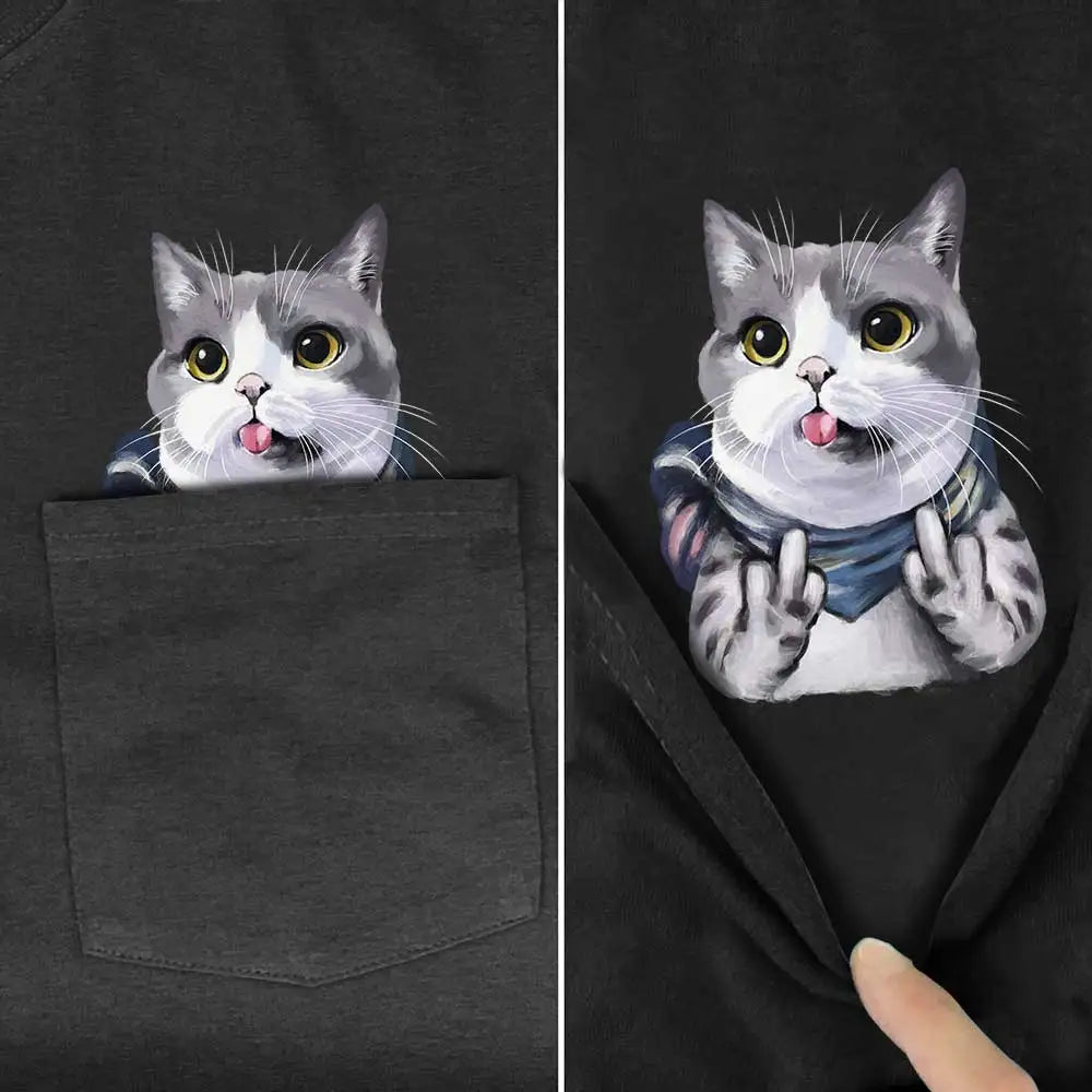 CLOOCL Animal T-Shirt Fashion Brand Summer Pocket Cat Stickers Printed T-shirt Men's Women Shirts Hip Hop Tops Funny Cotton Tees