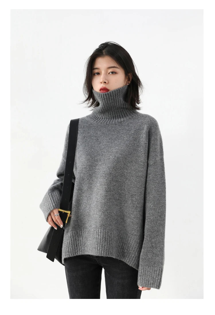 CHIC VEN Fashion Women's Loose Turtleneck Sweaters Warm Solid Pullover Knitwear Basic Female Jumpers Autumn Winter 2023