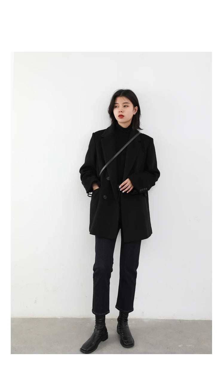 CHIC VEN Women Wool Blend Coat Solid Mid Long Woolen Blazer Thick Warm Blouse Women's Overcoat Office Lady Tops Autumn Winter