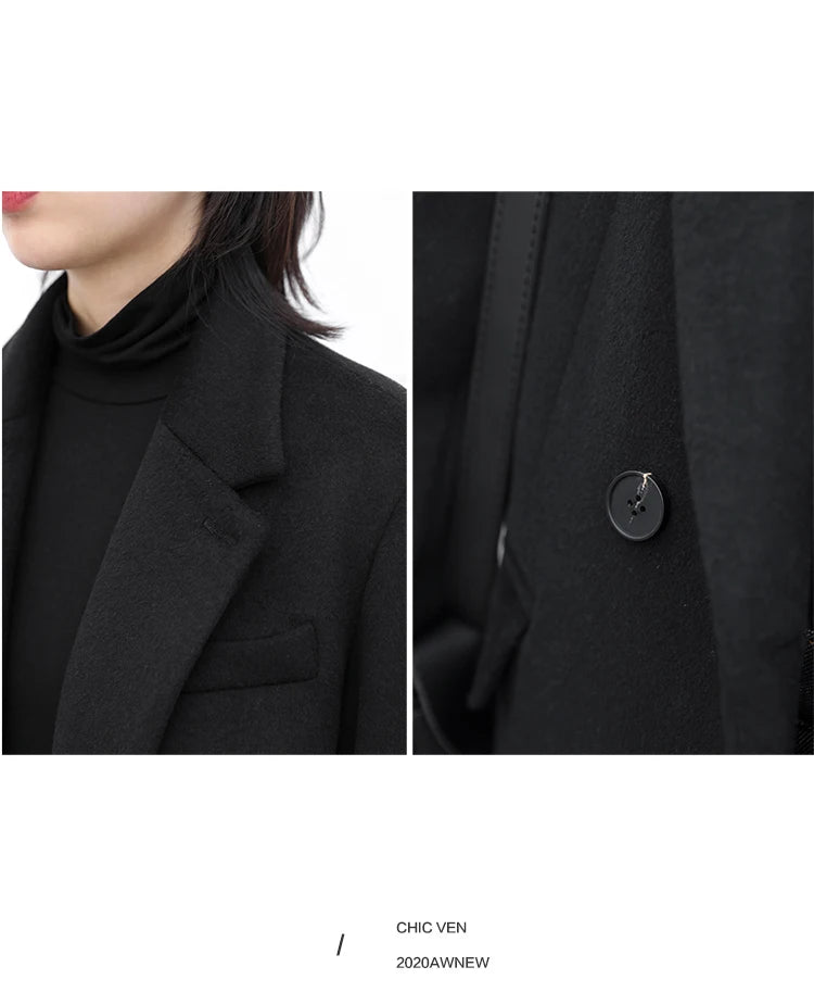 CHIC VEN Women Wool Blend Coat Solid Mid Long Woolen Blazer Thick Warm Blouse Women's Overcoat Office Lady Tops Autumn Winter