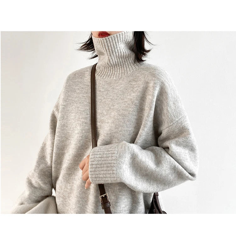 CHIC VEN Fashion Women's Loose Turtleneck Sweaters Warm Solid Pullover Knitwear Basic Female Jumpers Autumn Winter 2023