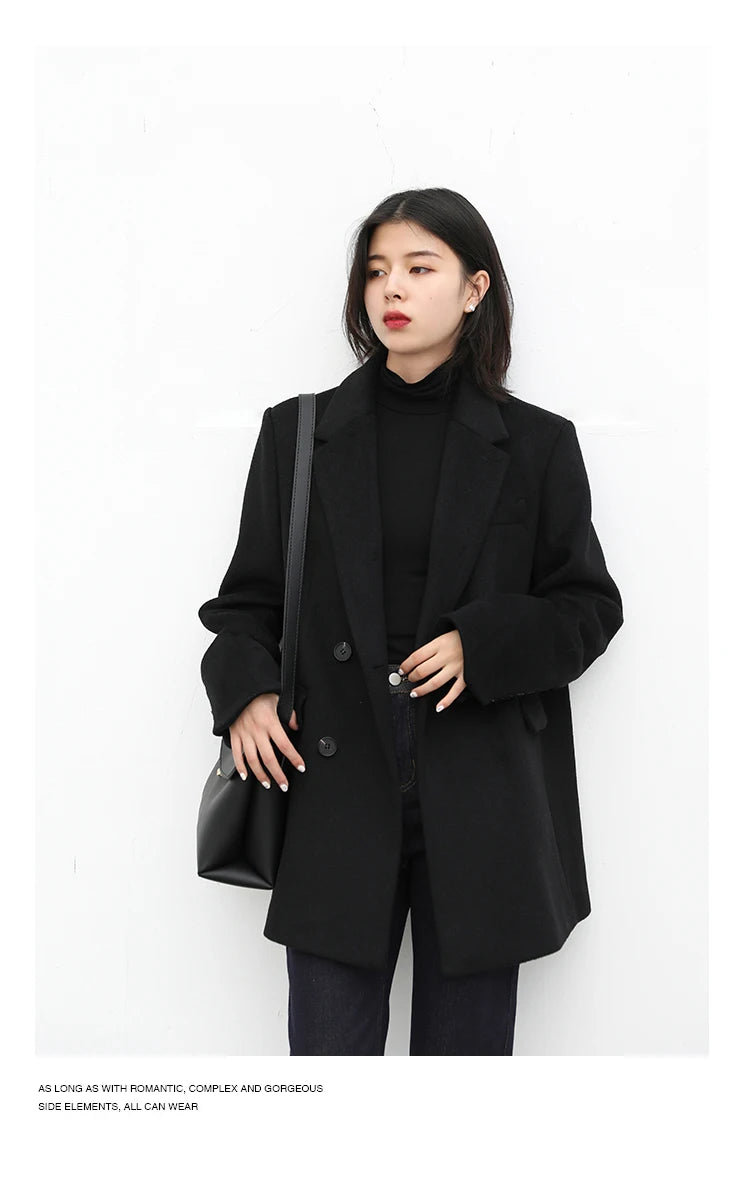 CHIC VEN Women Wool Blend Coat Solid Mid Long Woolen Blazer Thick Warm Blouse Women's Overcoat Office Lady Tops Autumn Winter