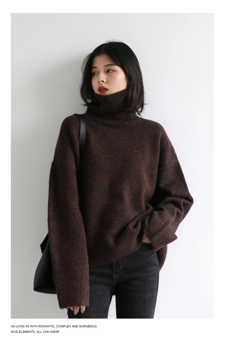 CHIC VEN Fashion Women's Loose Turtleneck Sweaters Warm Solid Pullover Knitwear Basic Female Jumpers Autumn Winter 2023