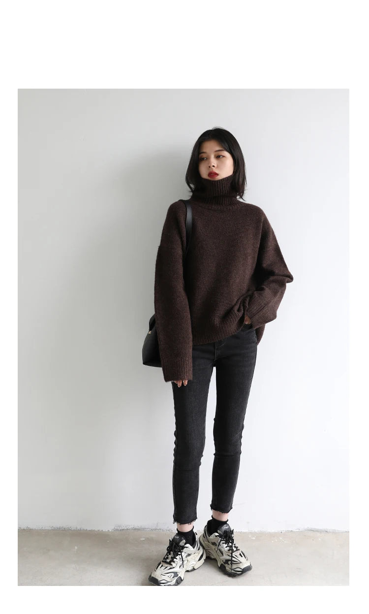 CHIC VEN Fashion Women's Loose Turtleneck Sweaters Warm Solid Pullover Knitwear Basic Female Jumpers Autumn Winter 2023