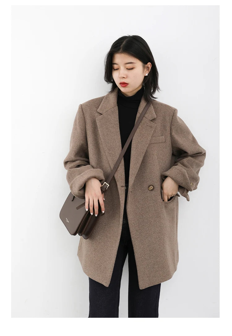 CHIC VEN Women Wool Blend Coat Solid Mid Long Woolen Blazer Thick Warm Blouse Women's Overcoat Office Lady Tops Autumn Winter