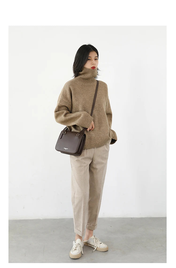 CHIC VEN Fashion Women's Loose Turtleneck Sweaters Warm Solid Pullover Knitwear Basic Female Jumpers Autumn Winter 2023