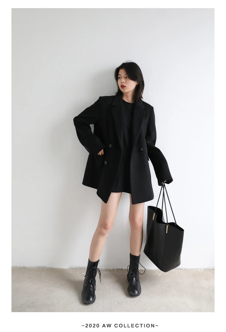 CHIC VEN Women Wool Blend Coat Solid Mid Long Woolen Blazer Thick Warm Blouse Women's Overcoat Office Lady Tops Autumn Winter