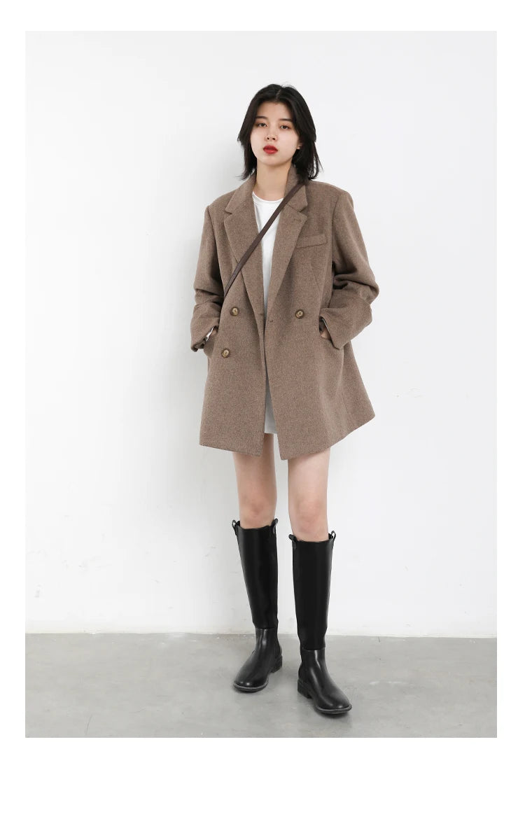 CHIC VEN Women Wool Blend Coat Solid Mid Long Woolen Blazer Thick Warm Blouse Women's Overcoat Office Lady Tops Autumn Winter