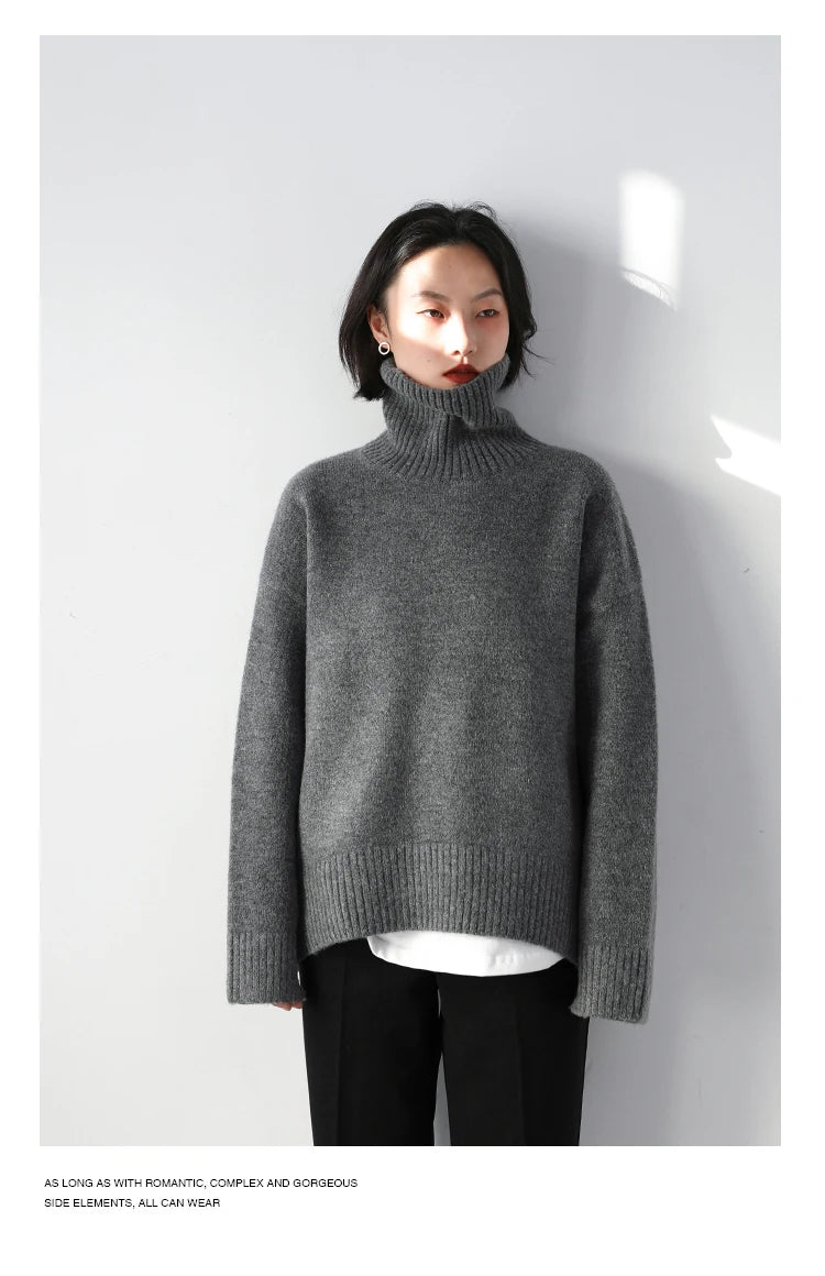 CHIC VEN Fashion Women's Loose Turtleneck Sweaters Warm Solid Pullover Knitwear Basic Female Jumpers Autumn Winter 2023