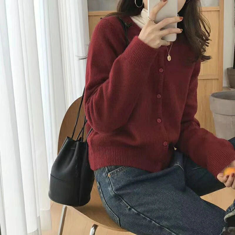 Cashmere Sweater Cardigan Women Single Breasted Long Sleeve Elegant Vintage Jumper Solid Wool Knitted Autumn Winter Outwear X452