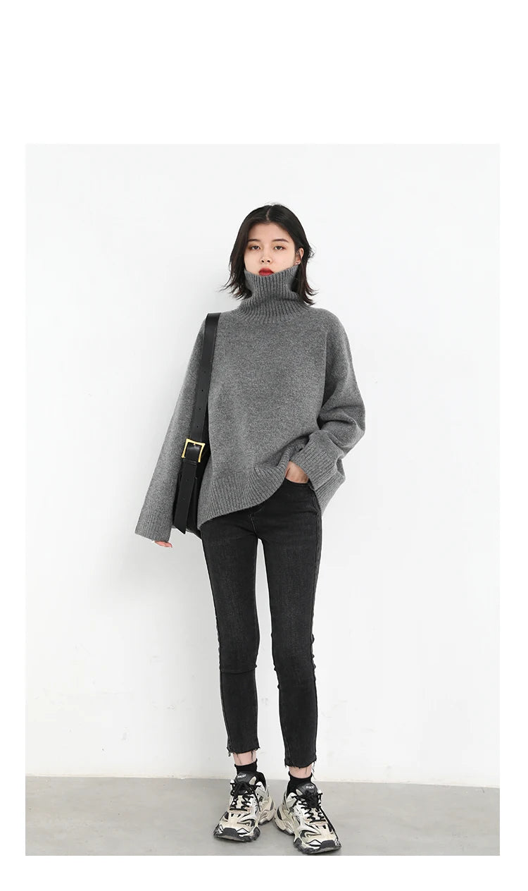 CHIC VEN Fashion Women's Loose Turtleneck Sweaters Warm Solid Pullover Knitwear Basic Female Jumpers Autumn Winter 2023