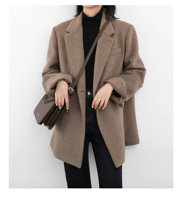 CHIC VEN Women Wool Blend Coat Solid Mid Long Woolen Blazer Thick Warm Blouse Women's Overcoat Office Lady Tops Autumn Winter