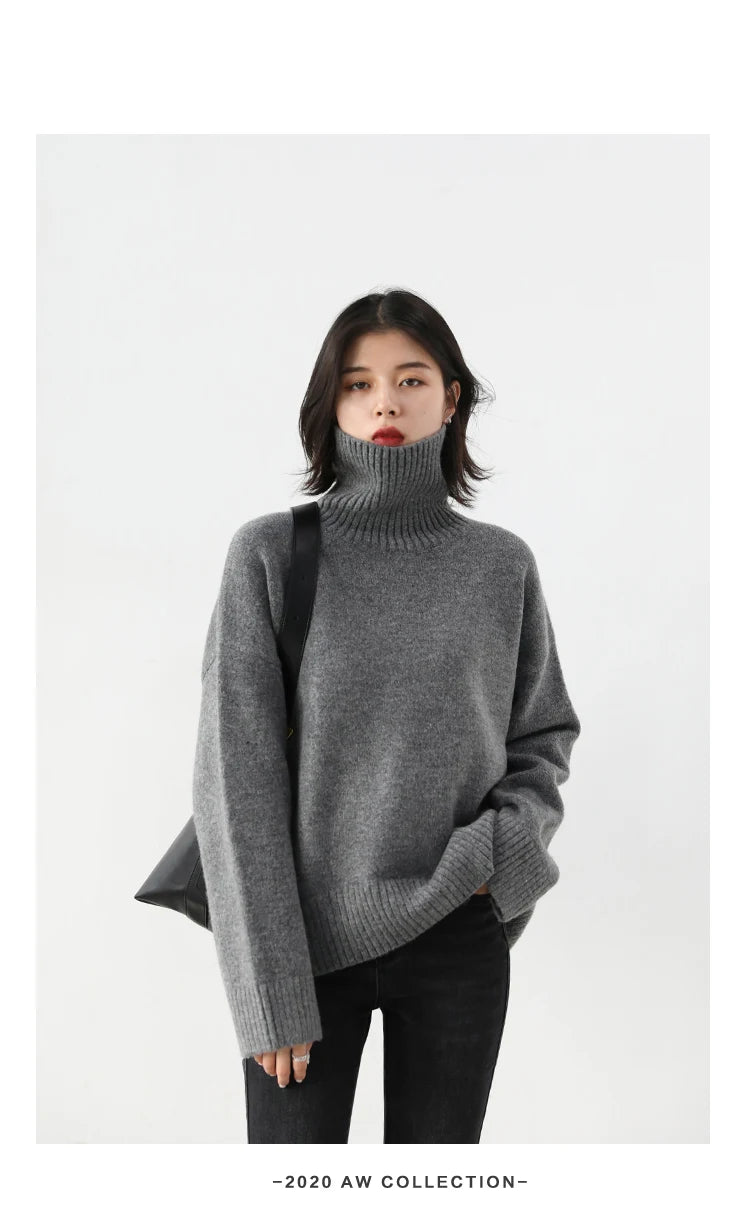 CHIC VEN Fashion Women's Loose Turtleneck Sweaters Warm Solid Pullover Knitwear Basic Female Jumpers Autumn Winter 2023