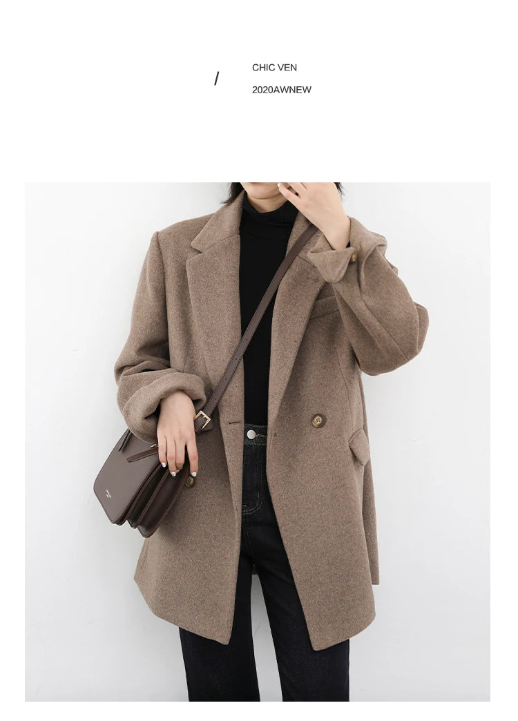 CHIC VEN Women Wool Blend Coat Solid Mid Long Woolen Blazer Thick Warm Blouse Women's Overcoat Office Lady Tops Autumn Winter