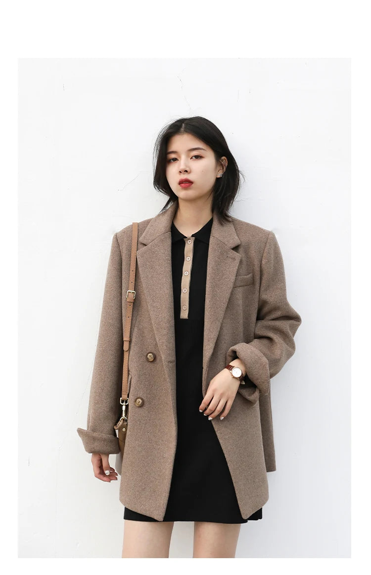 CHIC VEN Women Wool Blend Coat Solid Mid Long Woolen Blazer Thick Warm Blouse Women's Overcoat Office Lady Tops Autumn Winter