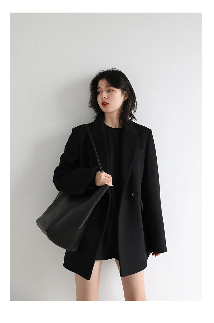 CHIC VEN Women Wool Blend Coat Solid Mid Long Woolen Blazer Thick Warm Blouse Women's Overcoat Office Lady Tops Autumn Winter