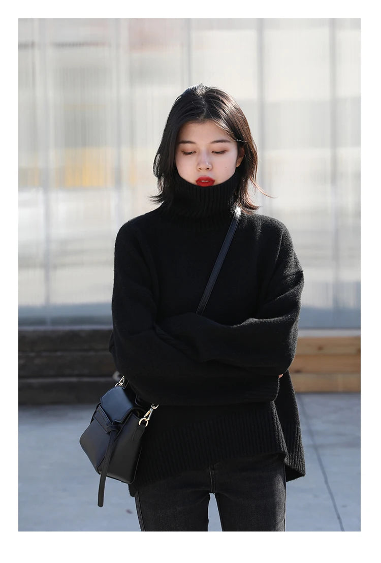 CHIC VEN Fashion Women's Loose Turtleneck Sweaters Warm Solid Pullover Knitwear Basic Female Jumpers Autumn Winter 2023