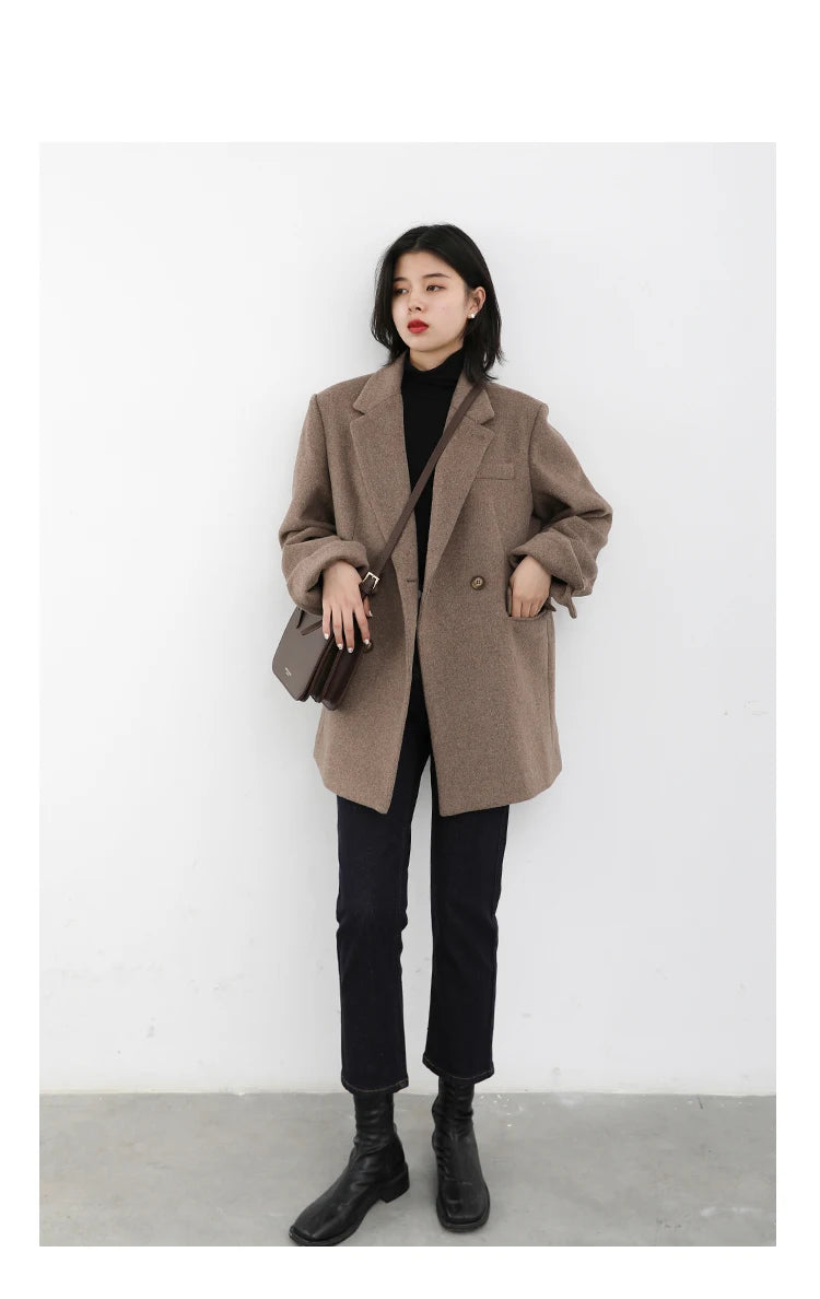 CHIC VEN Women Wool Blend Coat Solid Mid Long Woolen Blazer Thick Warm Blouse Women's Overcoat Office Lady Tops Autumn Winter