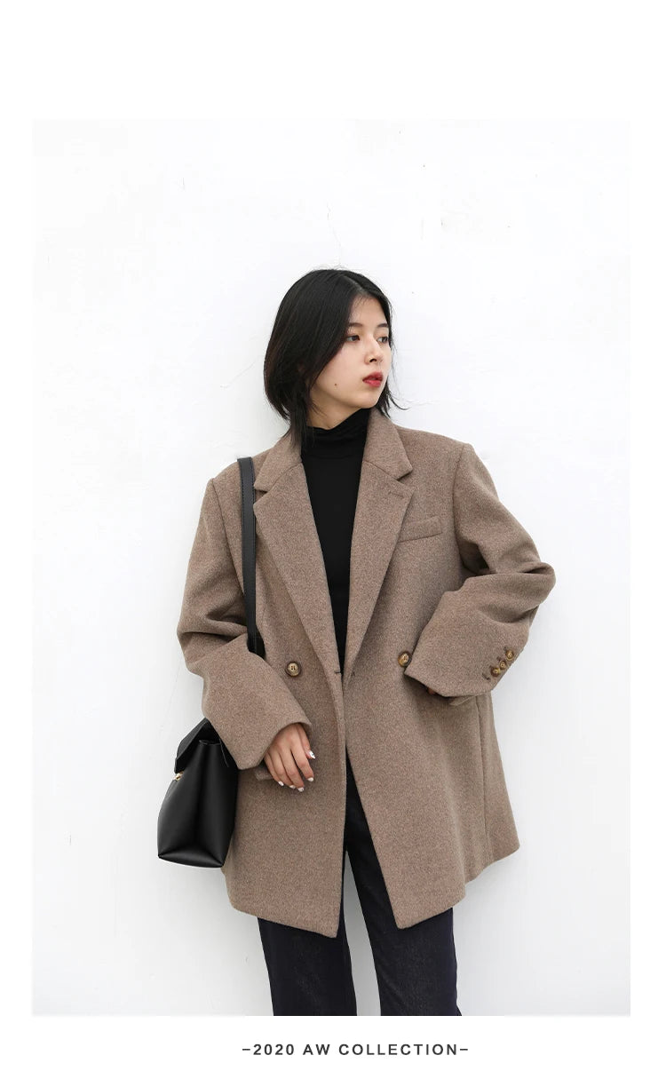 CHIC VEN Women Wool Blend Coat Solid Mid Long Woolen Blazer Thick Warm Blouse Women's Overcoat Office Lady Tops Autumn Winter