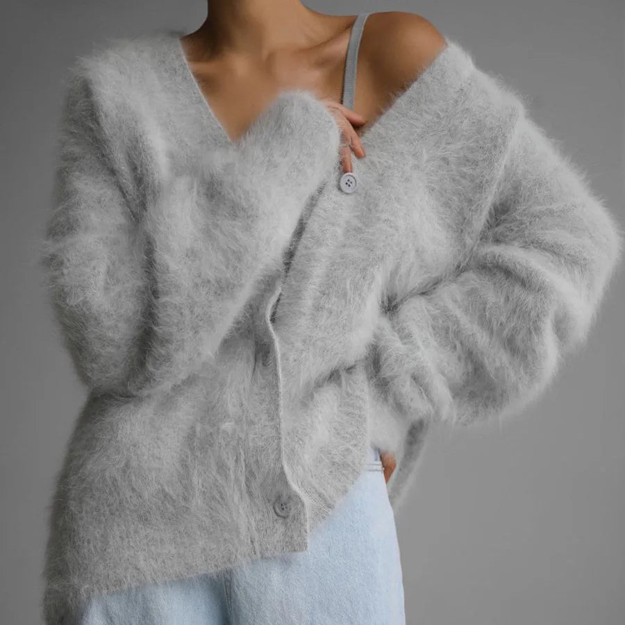 Elegant Mohair Knitted  Sweater Cardigans Loose O Neck Single Breasted Long Sleeve Sweater Fall Clothes 2024 Women Pink Cardigan Luxury