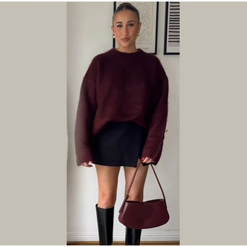 Vintage Red O-neck Sweater Pullover For Women Casual Long Sleeved Loose Knitwear 2024 New Autumn Female High Streetwear