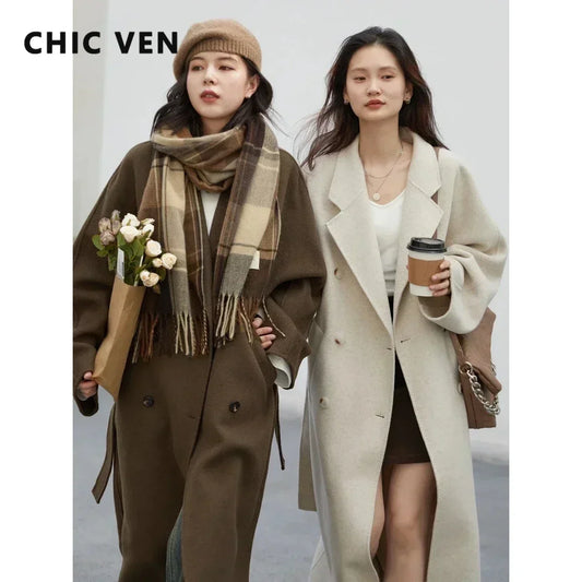 CHIC VEN Women Long Double-sided Woolen Coats Retro Loose Female Overcoat Double Breasted Ladies Windbreak Autumn Winter 2023