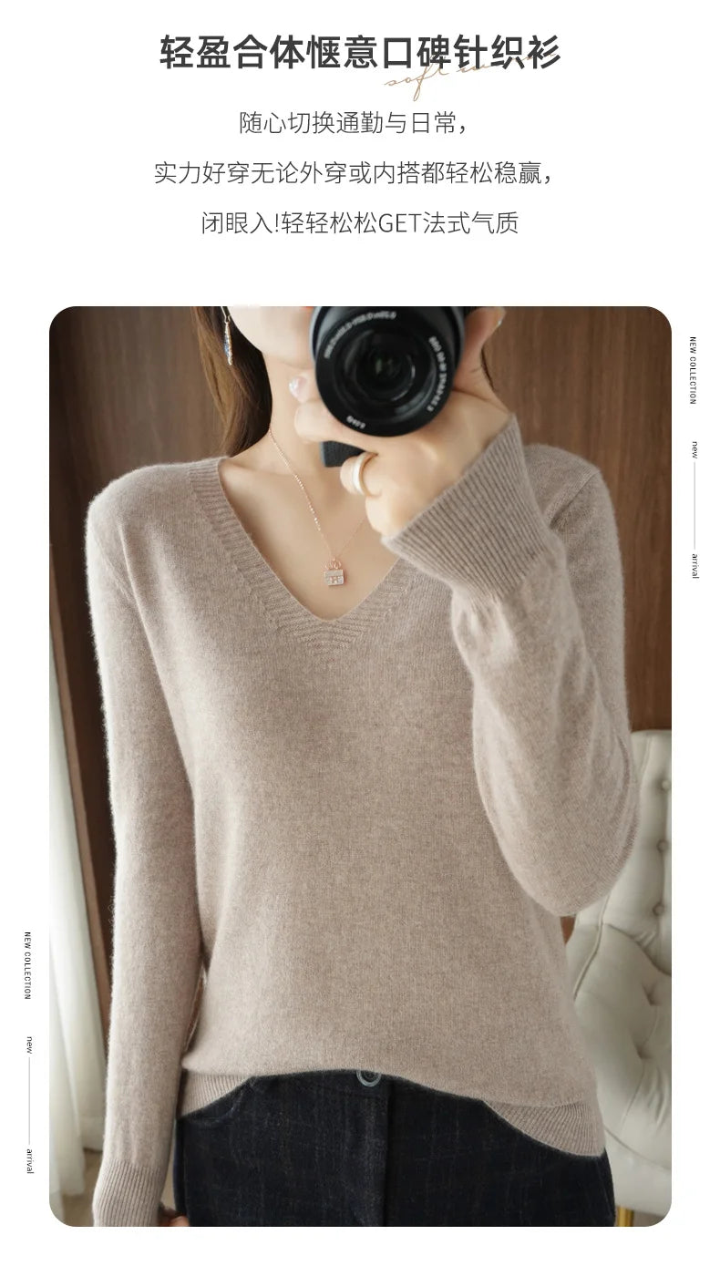 Autumn And Winter Cashmere Sweater New Women's V-neck Pullover Lace Neck Hollow Out Design Casual Knitted Long Sleeve Women's