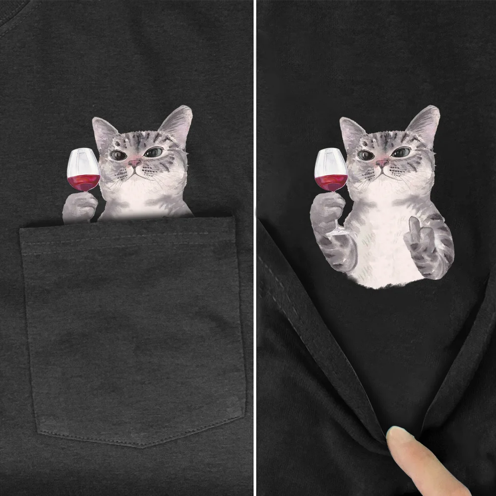 CLOOCL Animal T-Shirt Fashion Brand Summer Pocket Cat Stickers Printed T-shirt Men's Women Shirts Hip Hop Tops Funny Cotton Tees