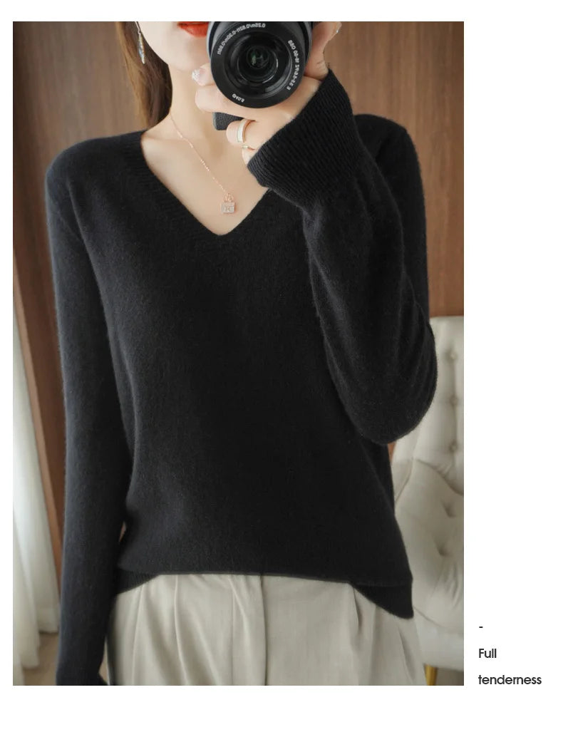 Autumn And Winter Cashmere Sweater New Women's V-neck Pullover Lace Neck Hollow Out Design Casual Knitted Long Sleeve Women's