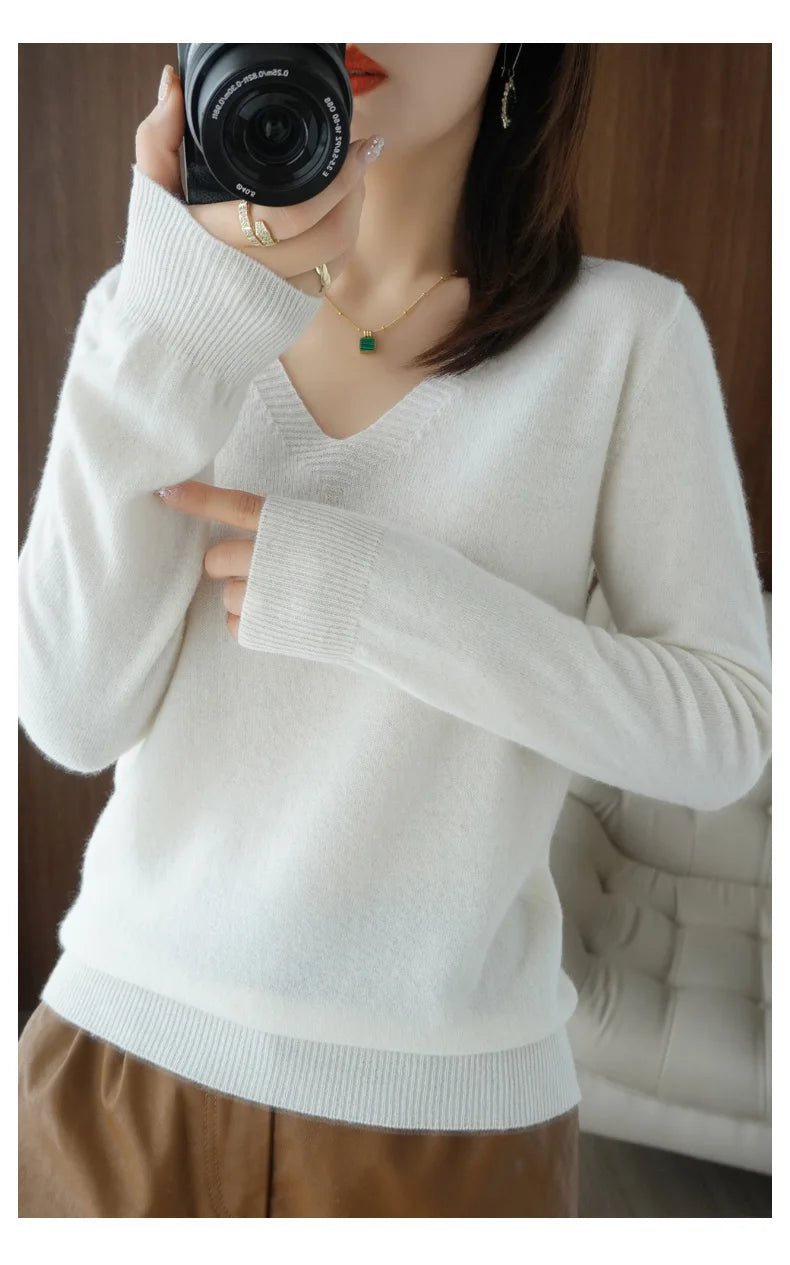 Autumn And Winter Cashmere Sweater New Women's V-neck Pullover Lace Neck Hollow Out Design Casual Knitted Long Sleeve Women's