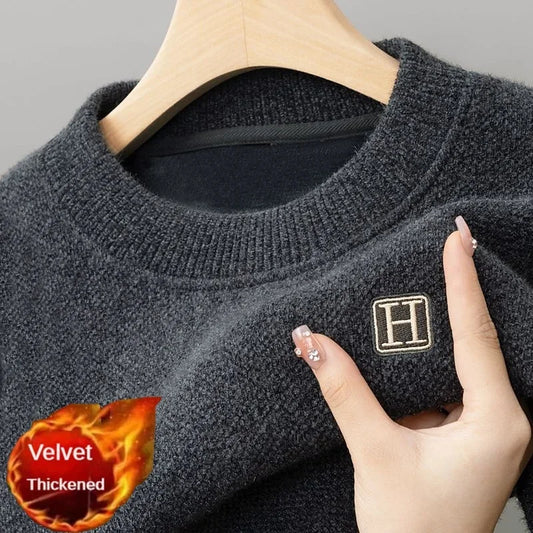 Winter Men's Warm Fleece Sweater O-Neck Embroidered Casual Knitted Inner Lap Pullovers Thick Thermal Underwear Sweater