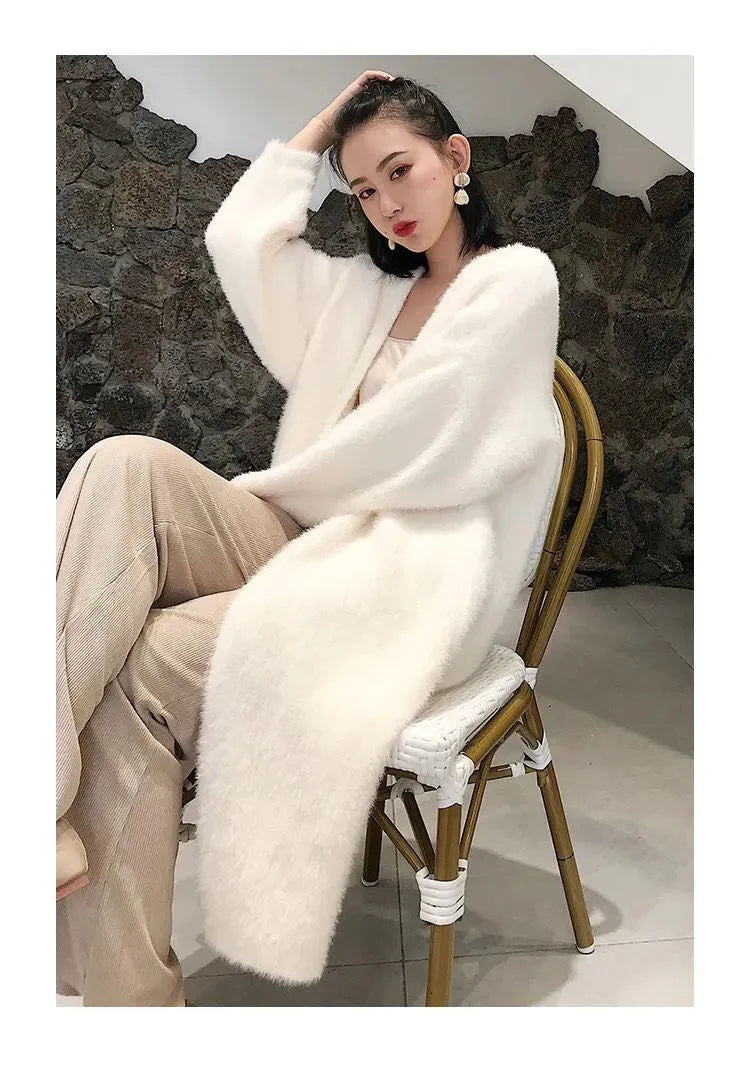 white Long Cardigan for women 2024 new winter clothes Knitted fluffy long sleeve Cashmere sweater coat korean style warm vintage