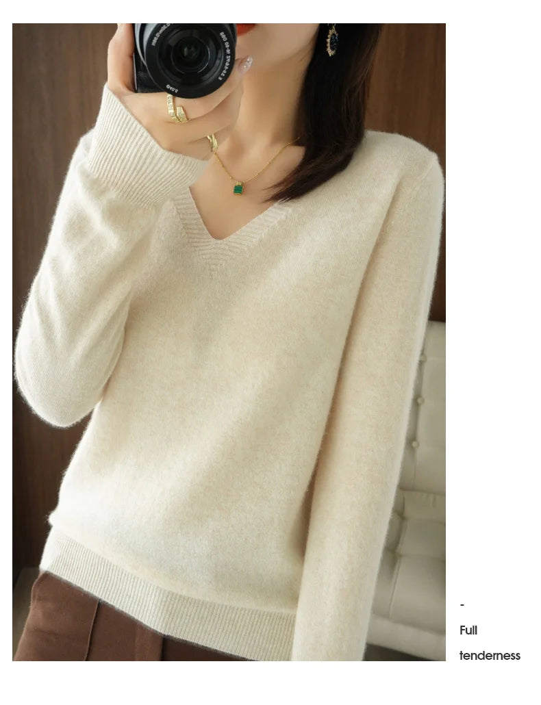 Autumn And Winter Cashmere Sweater New Women's V-neck Pullover Lace Neck Hollow Out Design Casual Knitted Long Sleeve Women's