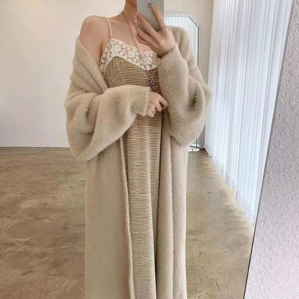 white Long Cardigan for women 2024 new winter clothes Knitted fluffy long sleeve Cashmere sweater coat korean style warm vintage