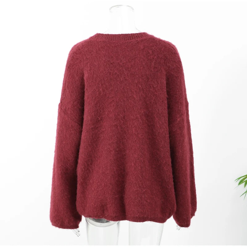 Vintage Red O-neck Sweater Pullover For Women Casual Long Sleeved Loose Knitwear 2024 New Autumn Female High Streetwear