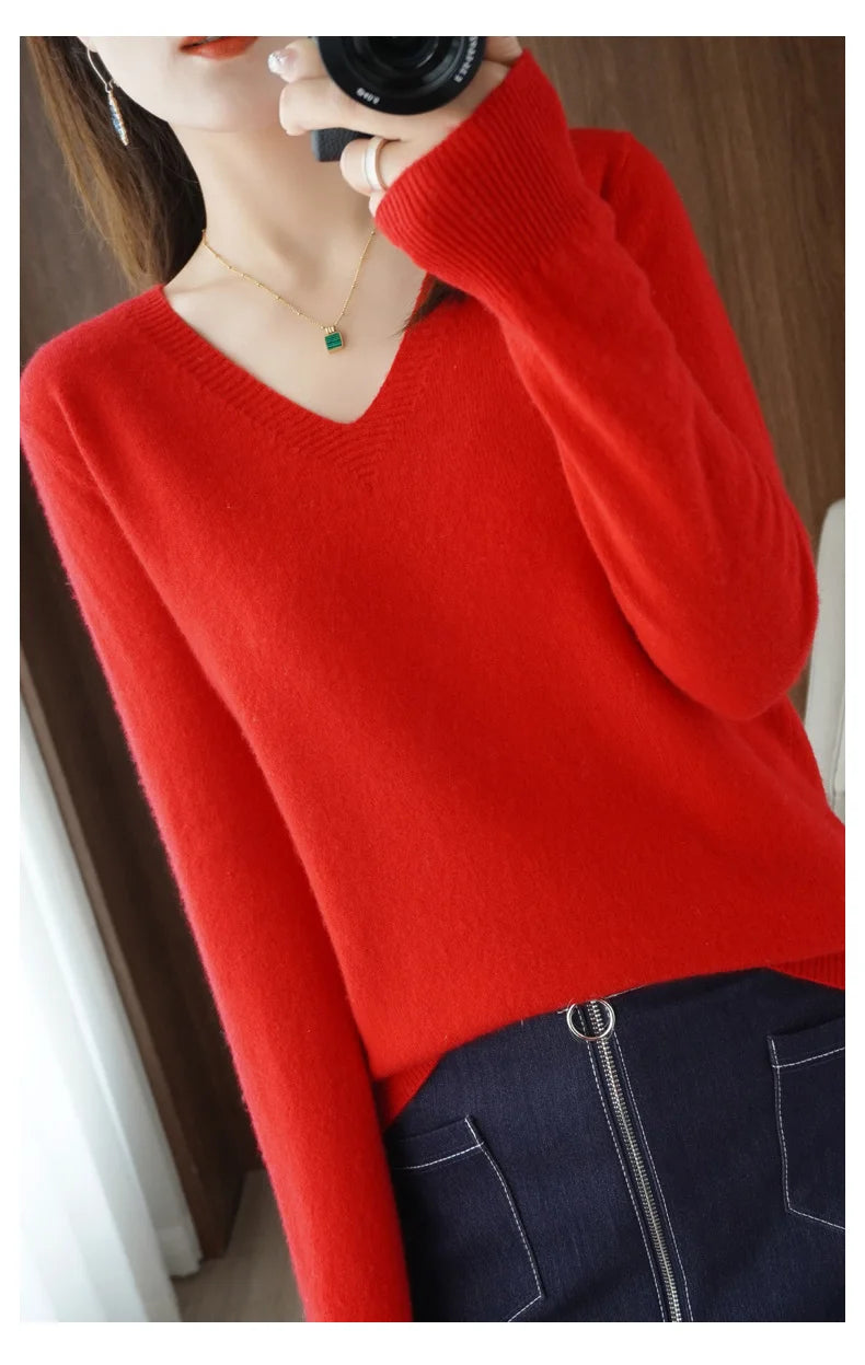 Autumn And Winter Cashmere Sweater New Women's V-neck Pullover Lace Neck Hollow Out Design Casual Knitted Long Sleeve Women's