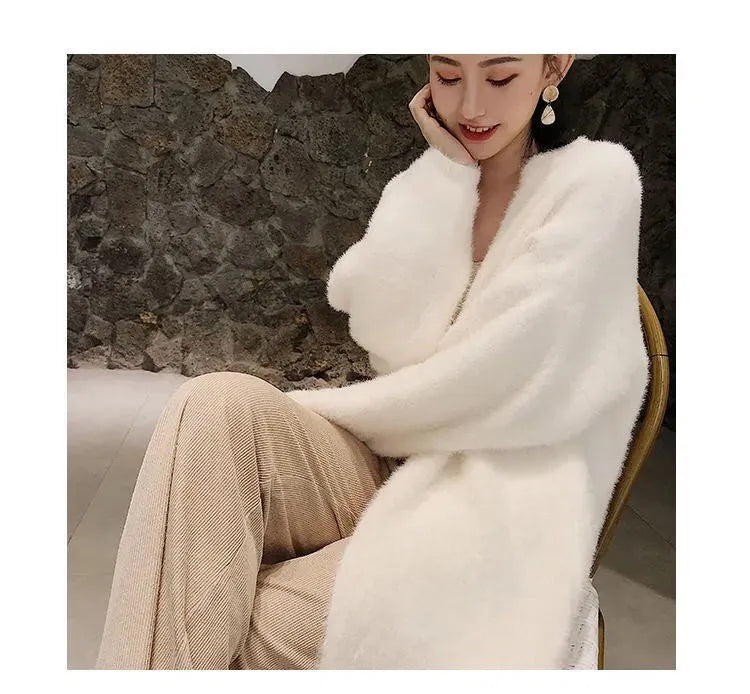 white Long Cardigan for women 2024 new winter clothes Knitted fluffy long sleeve Cashmere sweater coat korean style warm vintage