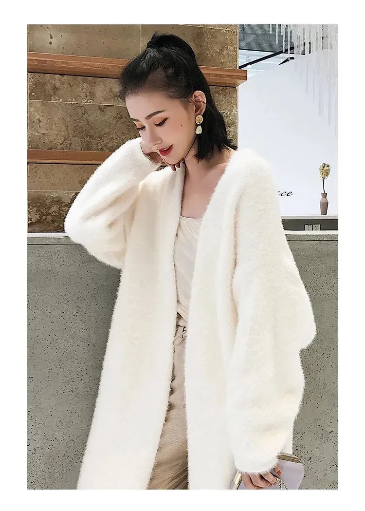 white Long Cardigan for women 2024 new winter clothes Knitted fluffy long sleeve Cashmere sweater coat korean style warm vintage