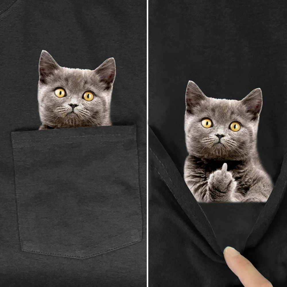 CLOOCL Animal T-Shirt Fashion Brand Summer Pocket Cat Stickers Printed T-shirt Men's Women Shirts Hip Hop Tops Funny Cotton Tees