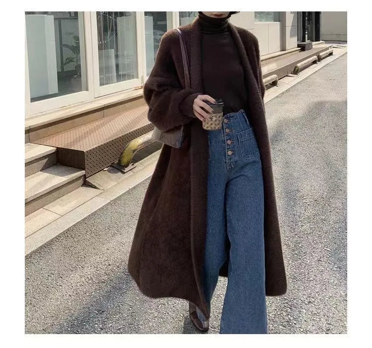 white Long Cardigan for women 2024 new winter clothes Knitted fluffy long sleeve Cashmere sweater coat korean style warm vintage