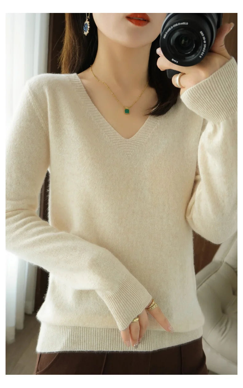 Autumn And Winter Cashmere Sweater New Women's V-neck Pullover Lace Neck Hollow Out Design Casual Knitted Long Sleeve Women's