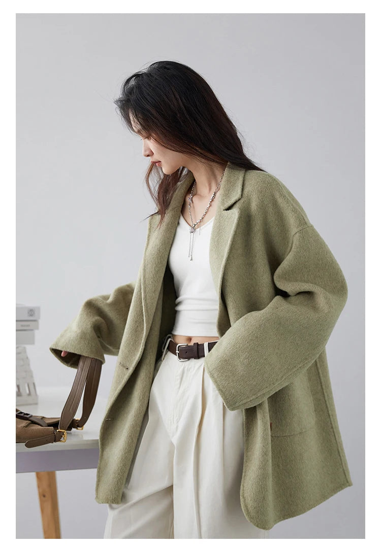 CHIC VEN Women's Woolen Coats Loose Casual Double Breasted Retro Double-sided Jacket Office Lady Outerwear Autumn Winter 2023